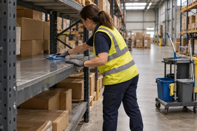 Illustration: cleaner in a hi-vis vest wiping warehouse racking